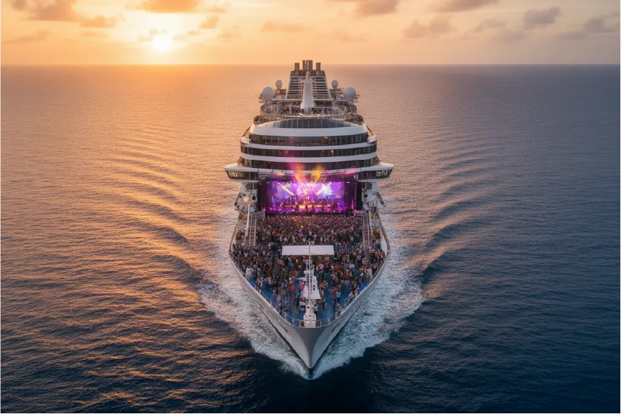 Cruise ship with large group event, representing complex event operations, inventory management and high-demand booking environments