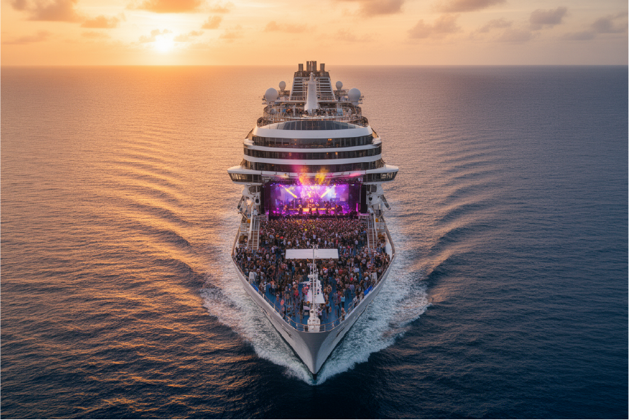 Cruise ship with large group event, representing complex event operations, inventory management and high-demand booking environments
