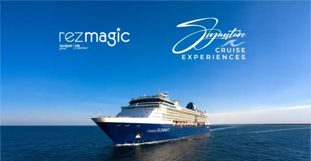 RezMagic and Signature Cruise Experiences logos above a cruise ship at sea, representing their reservation platform partnership